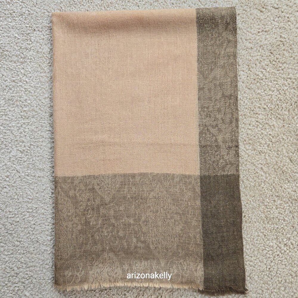 NWOT Cashmere Jacquard Lightweight Scarf Tan and Brown - Picture 12 of 12